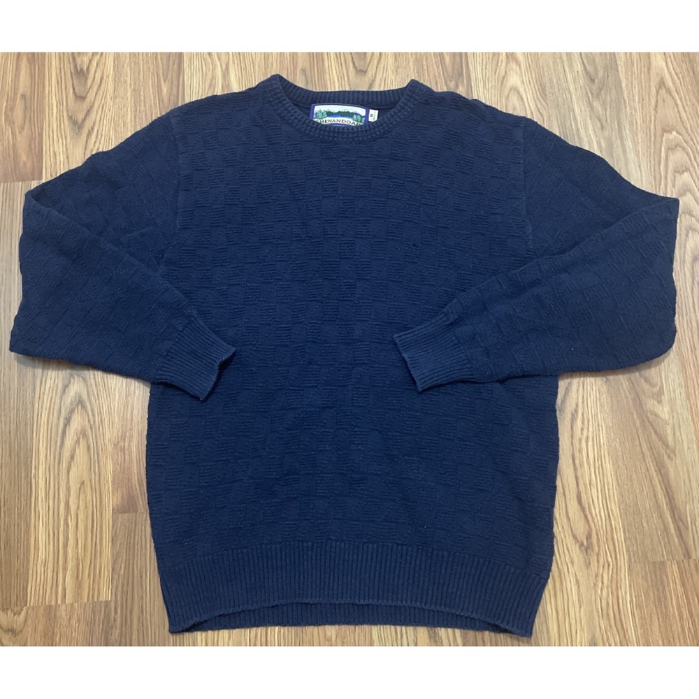 Shenandoah Sweater Mens Medium Navy Crew Neck Textured Knit Made USA Vintage